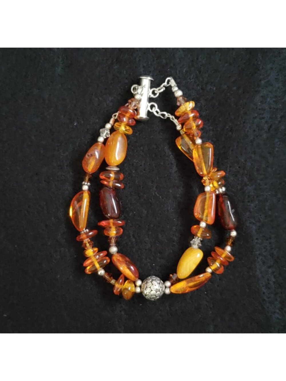 Beaded Amber Bracelet Multi Strand Silver Tone 6.5"